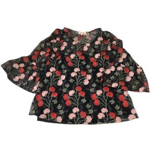 Solitaire Women's Black Pink Red Floral Embroidered Mesh Bell Sleeve Blouse M